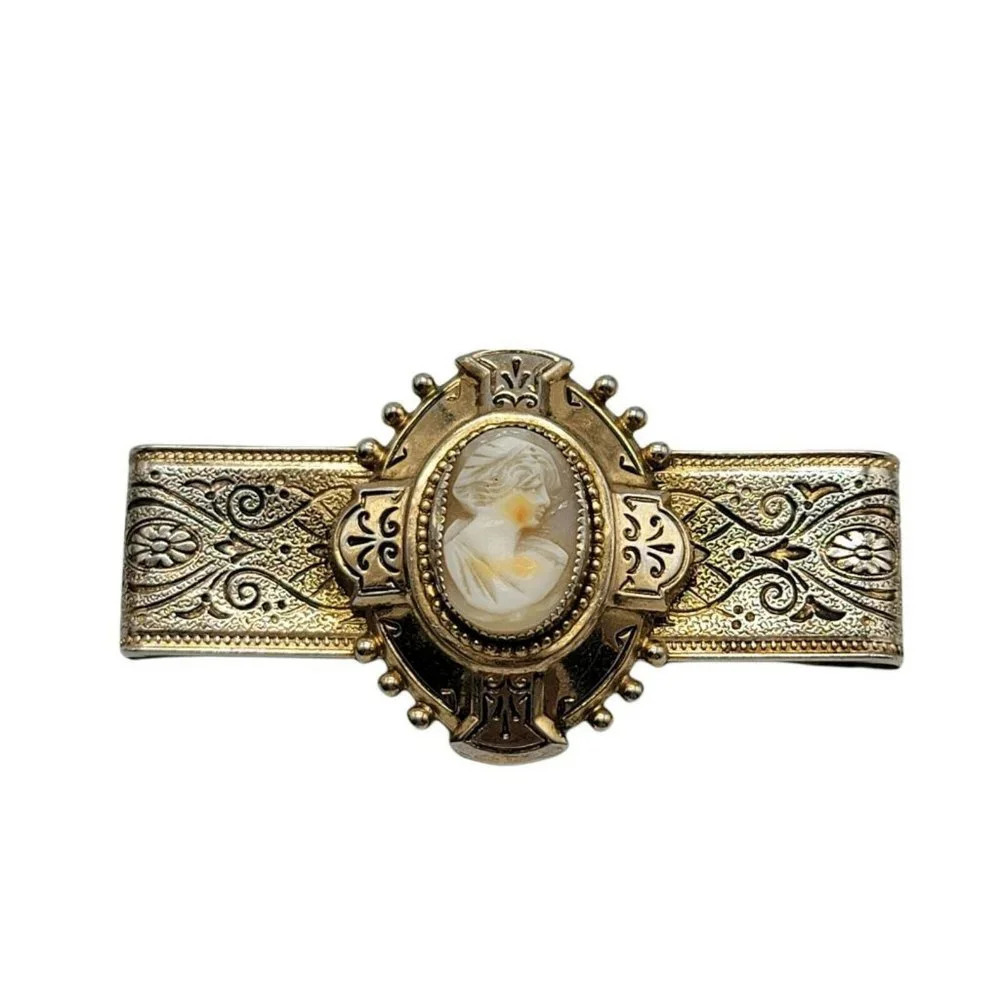 Victorian Brooch Taille d 'Epargne Enamel Gold Filled Cameo Pin Mourning Jewelry